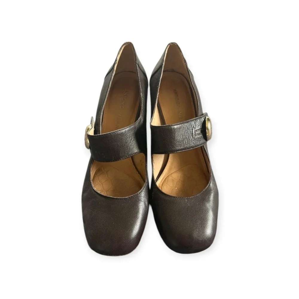 Antonio Melani Vintage Brown Leather Mary Jane Heels Gold Buckle 90s Y2K Pumps